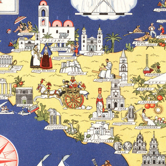 Vintage Map of Sicily, Italy, 1938