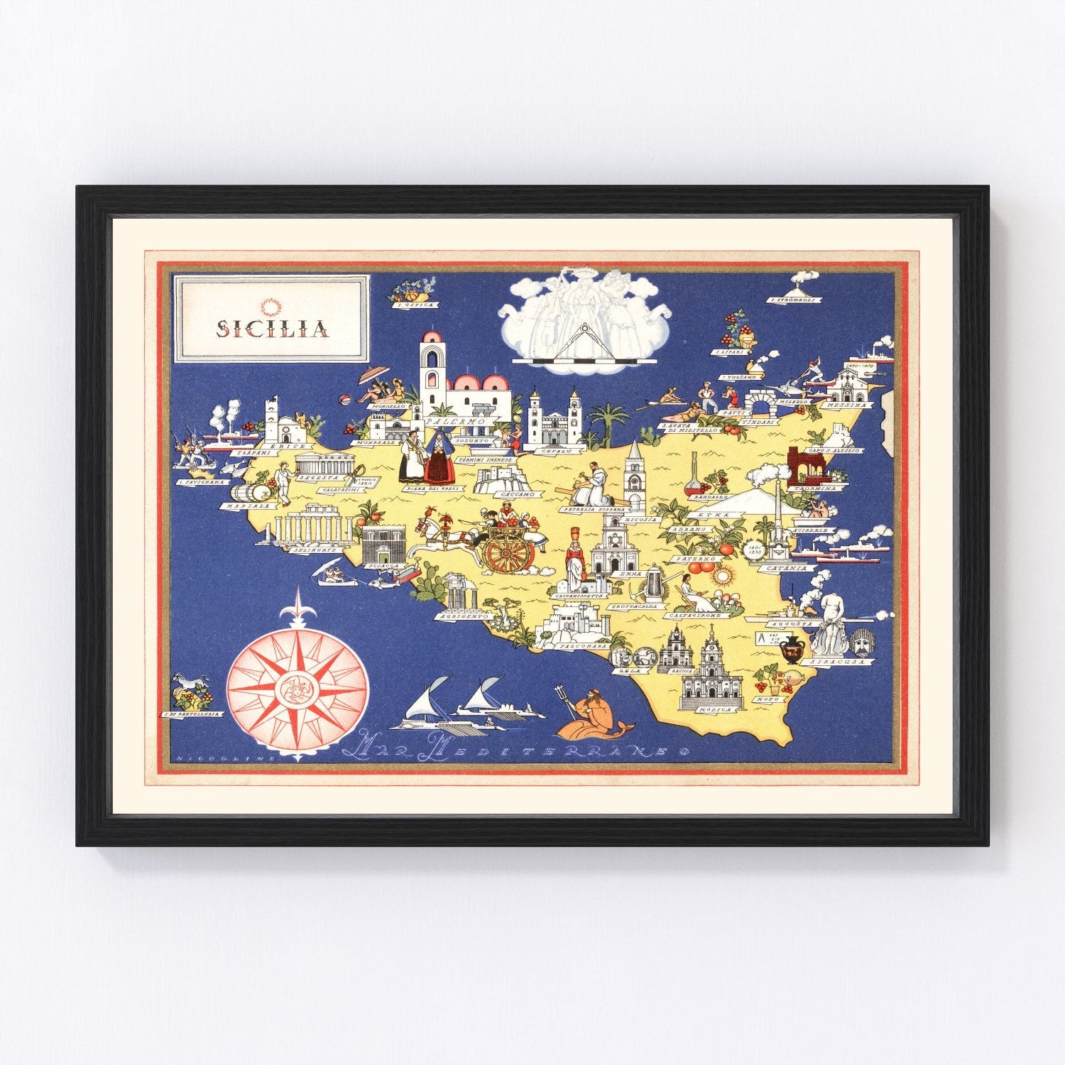 vintage map of Sicily, Italy, 1938