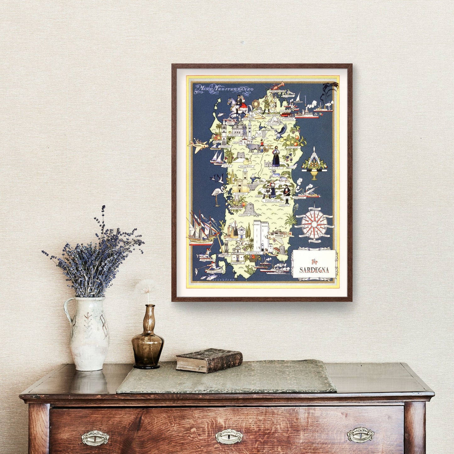Vintage Map of Sardinia, Italy, 1938