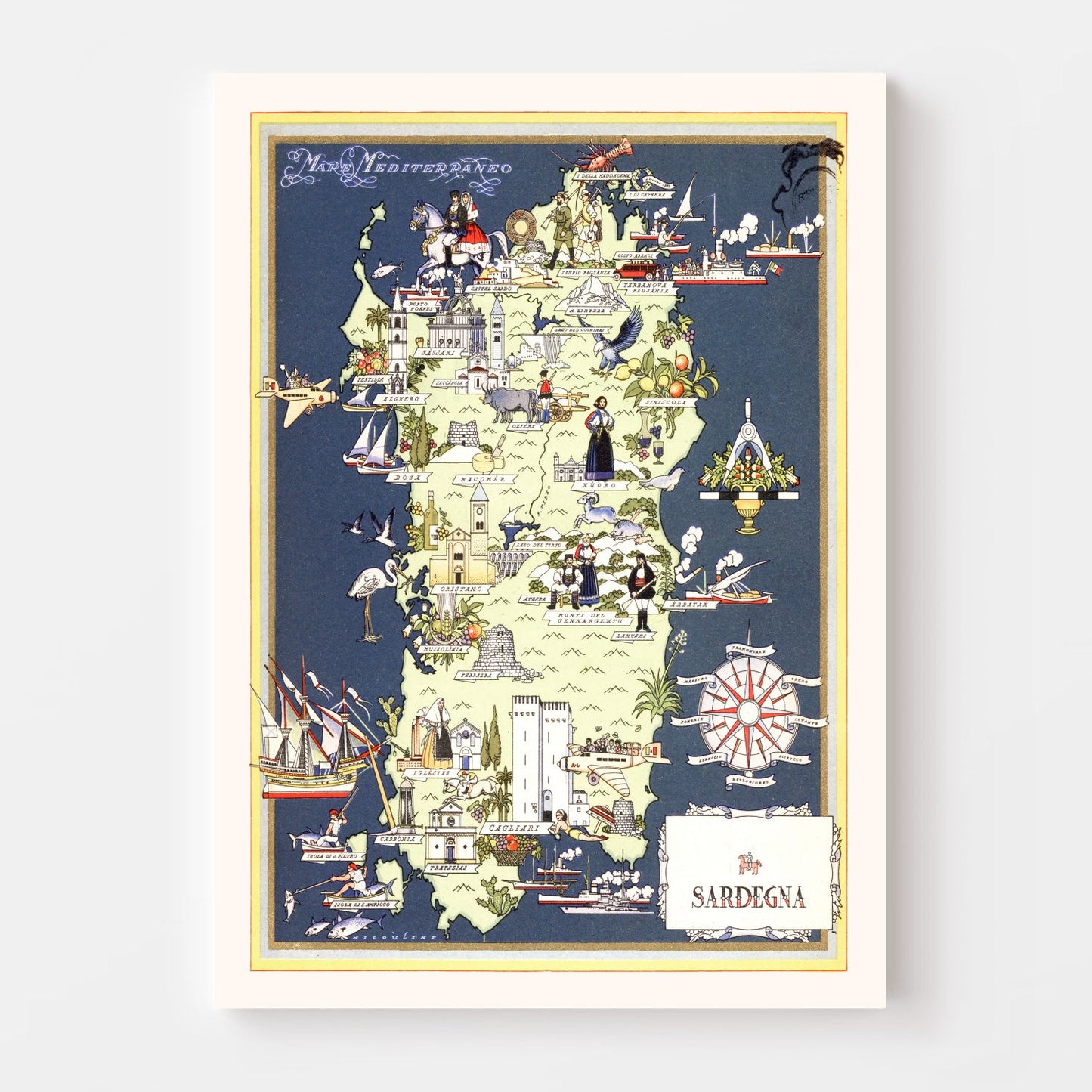 Vintage Map of Sardinia, Italy, 1938
