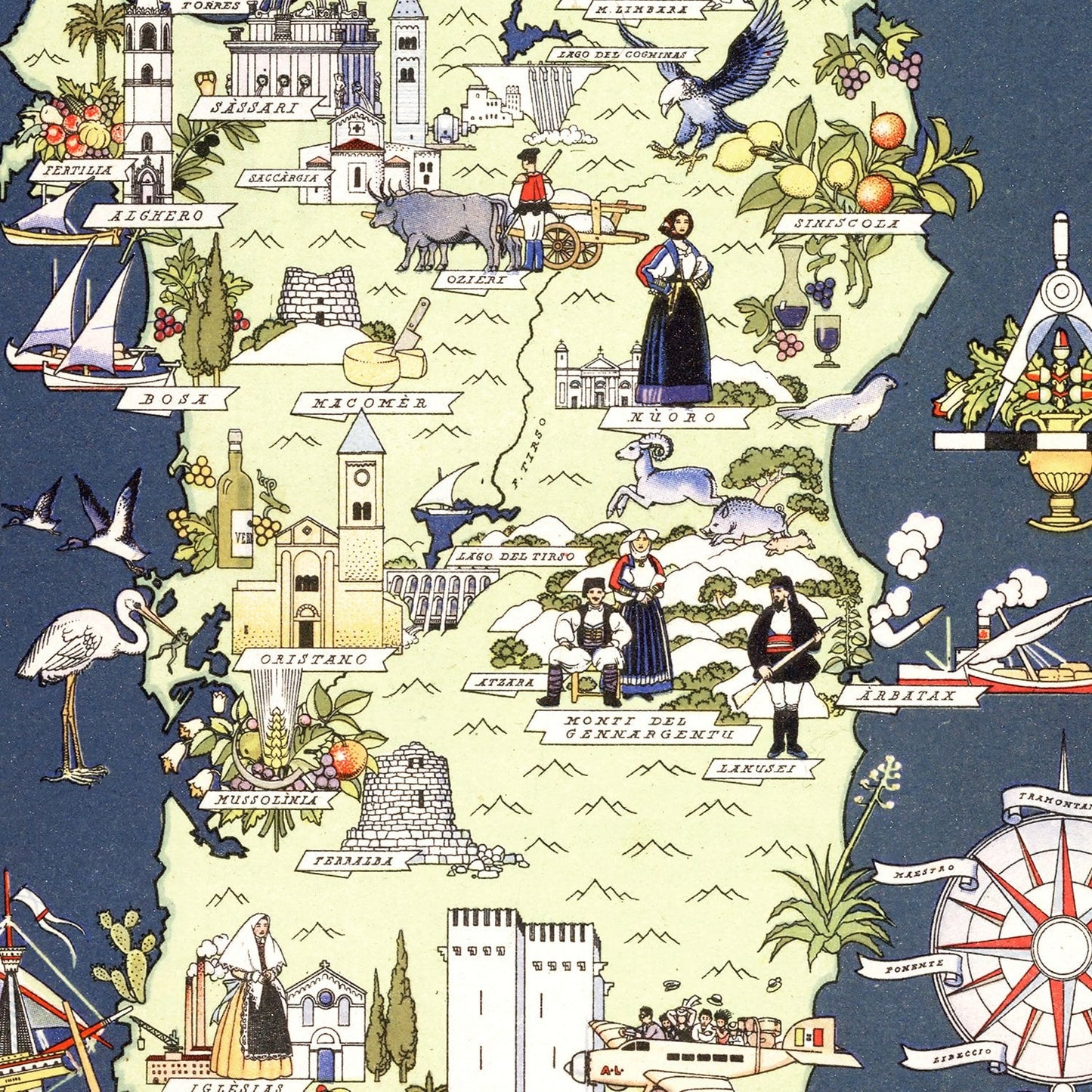 Vintage Map of Sardinia, Italy, 1938