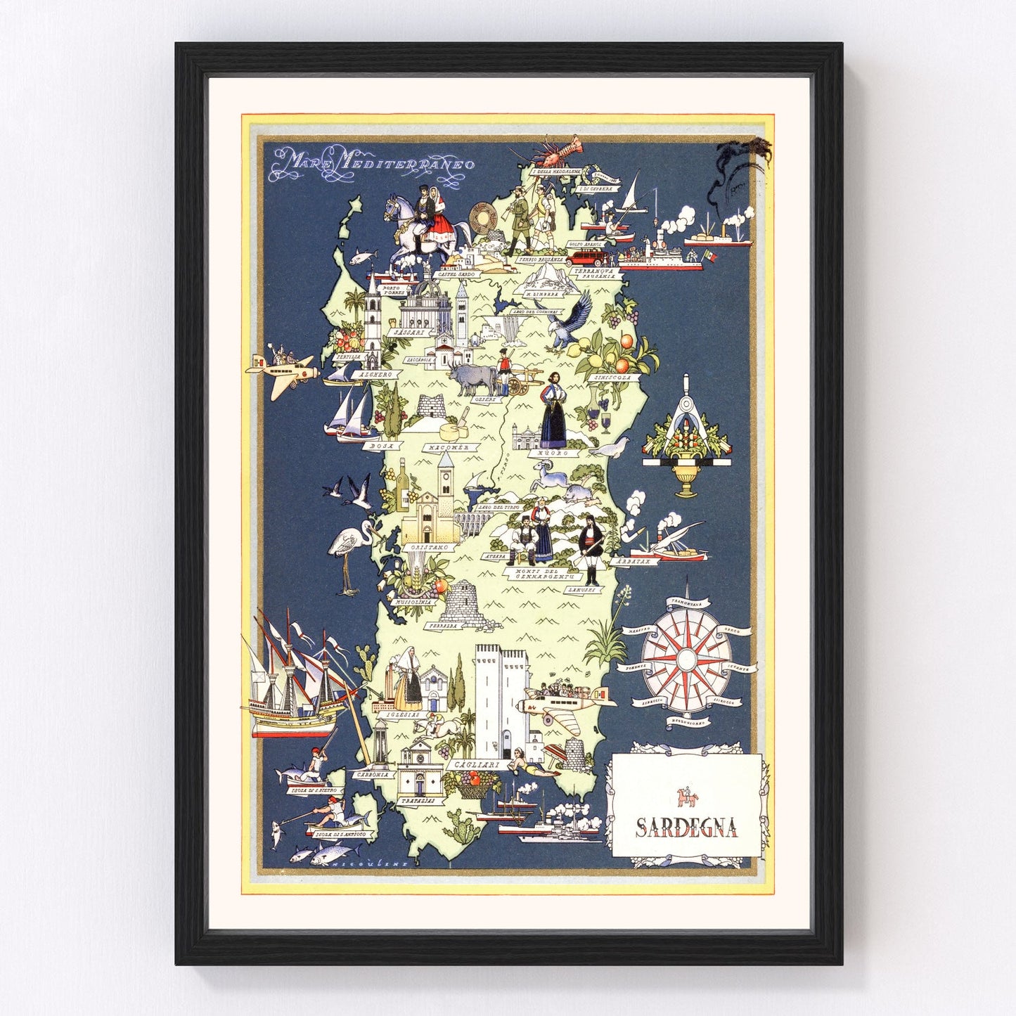 vintage map of Sardinia, Italy, 1938