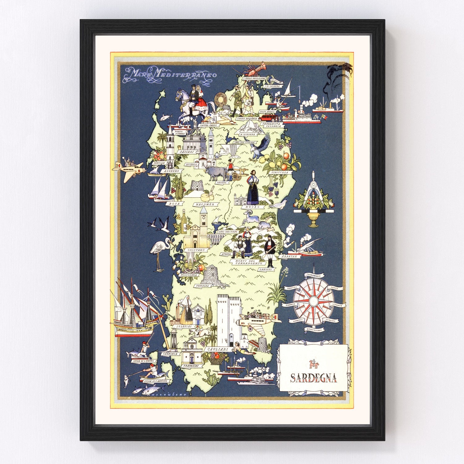 vintage map of Sardinia, Italy, 1938