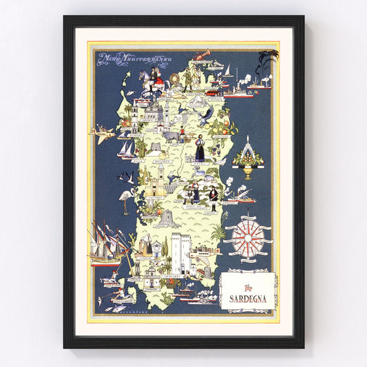 vintage map of Sardinia, Italy, 1938