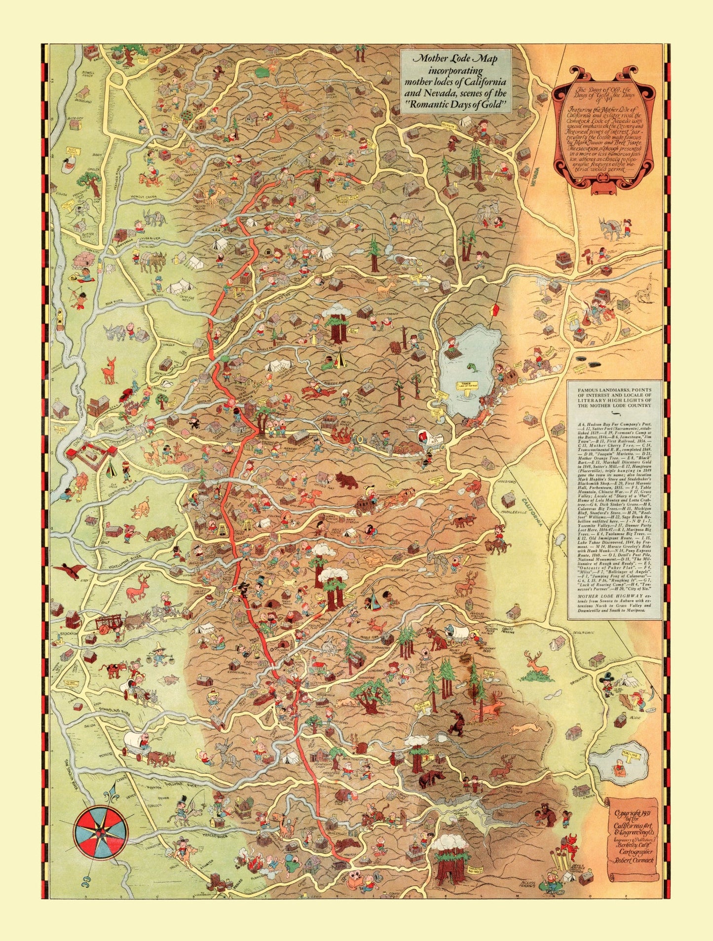 Vintage Map of Mother Lode, California & Nevada, 1931