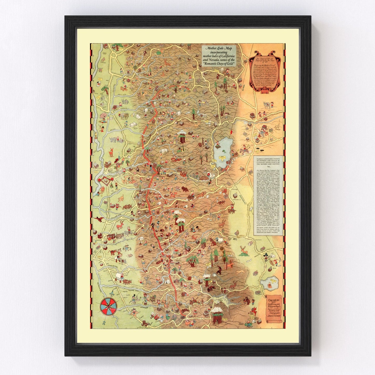 vintage map of the Mother Lode region, California and Nevada, 1931