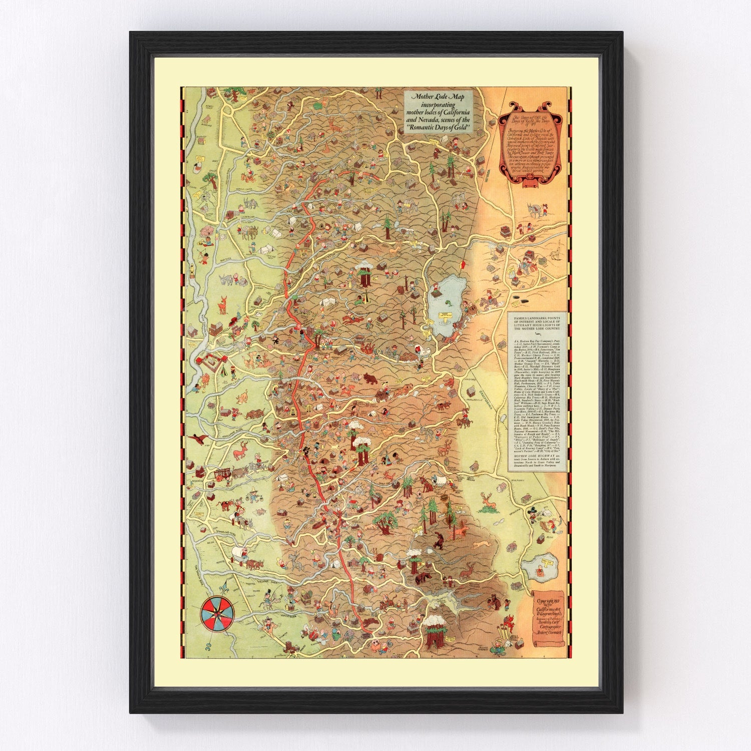 vintage map of the Mother Lode region, California and Nevada, 1931
