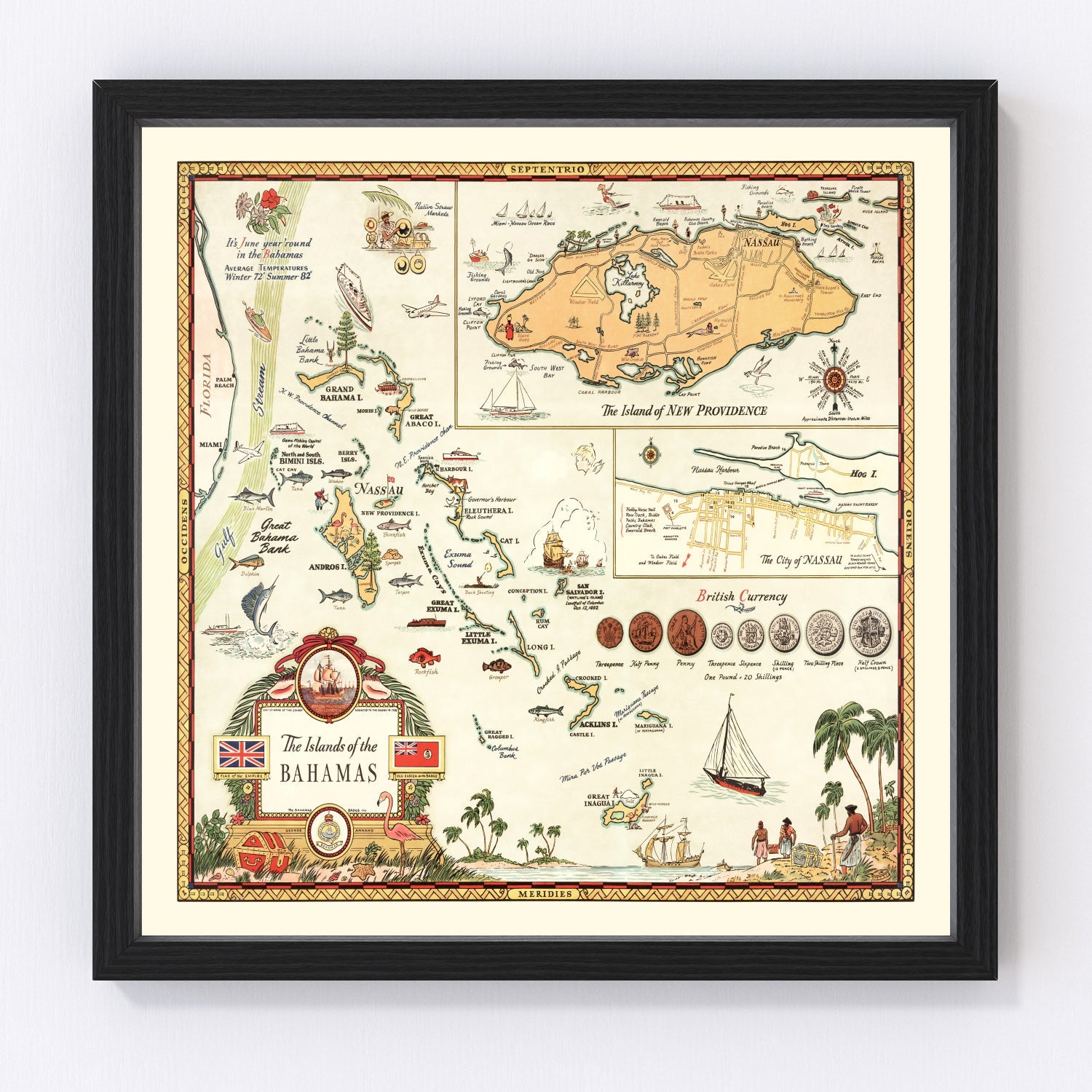 Vintage map of the Bahamas, 1951, Caribbean archipelago