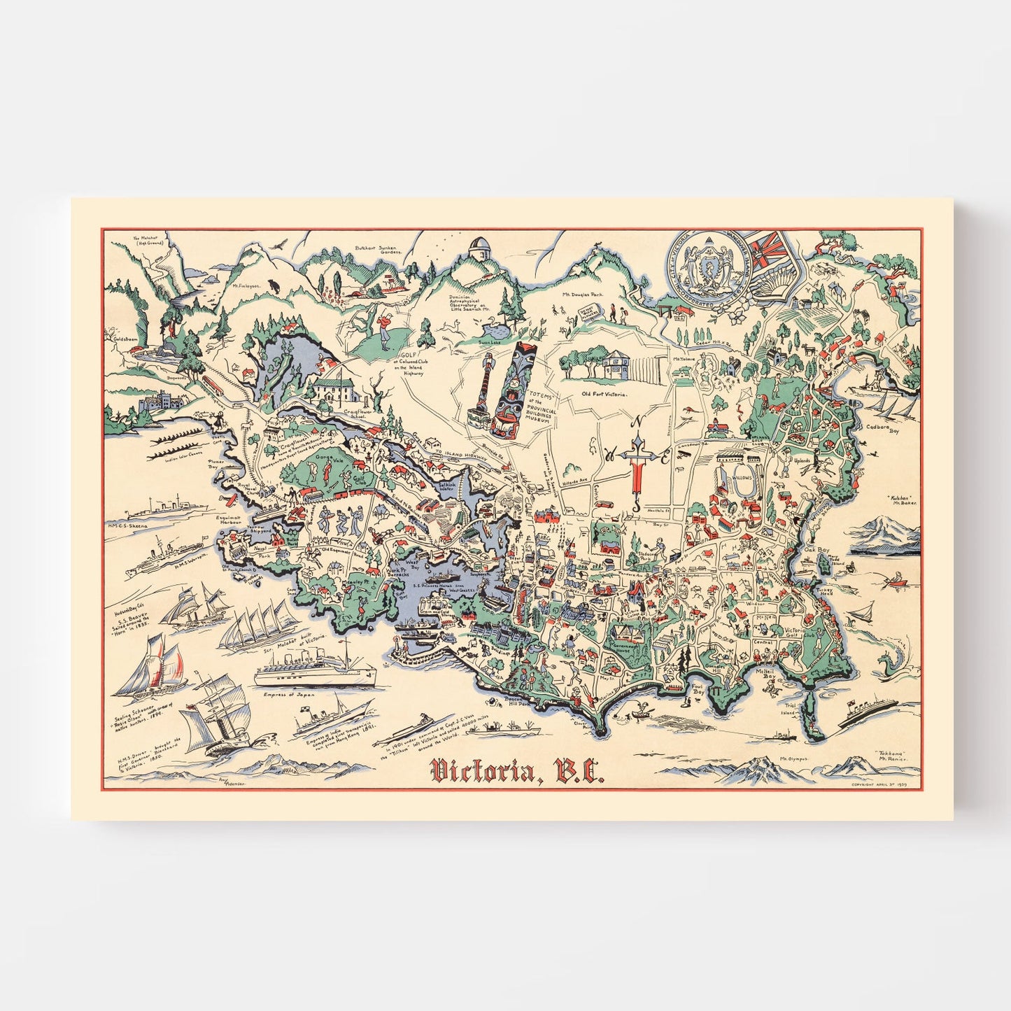 Vintage Map of Victoria, Canada, 1939