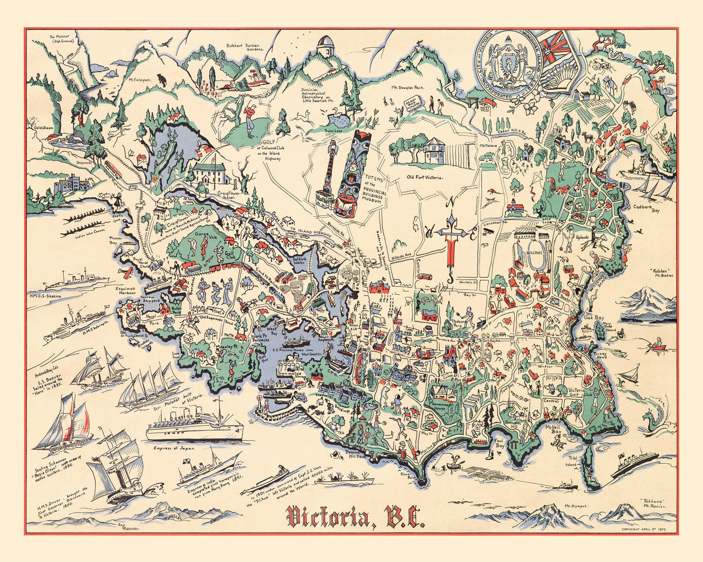 Vintage Map of Victoria, Canada, 1939