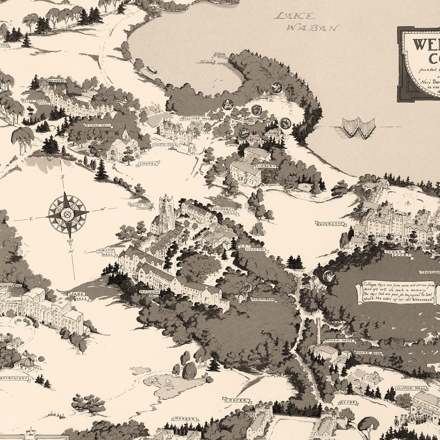 Vintage Map of Wellesley College, Massachusetts, 1943