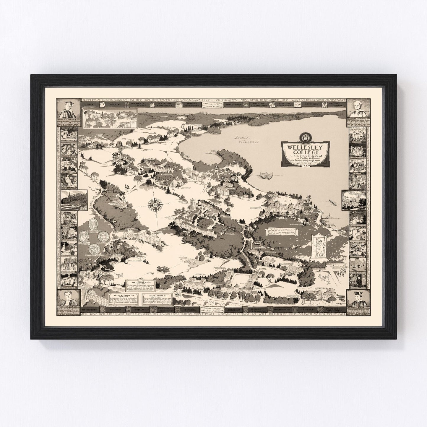 Vintage map of Wellesley College, Massachusetts, 1943, campus buildings and lake
