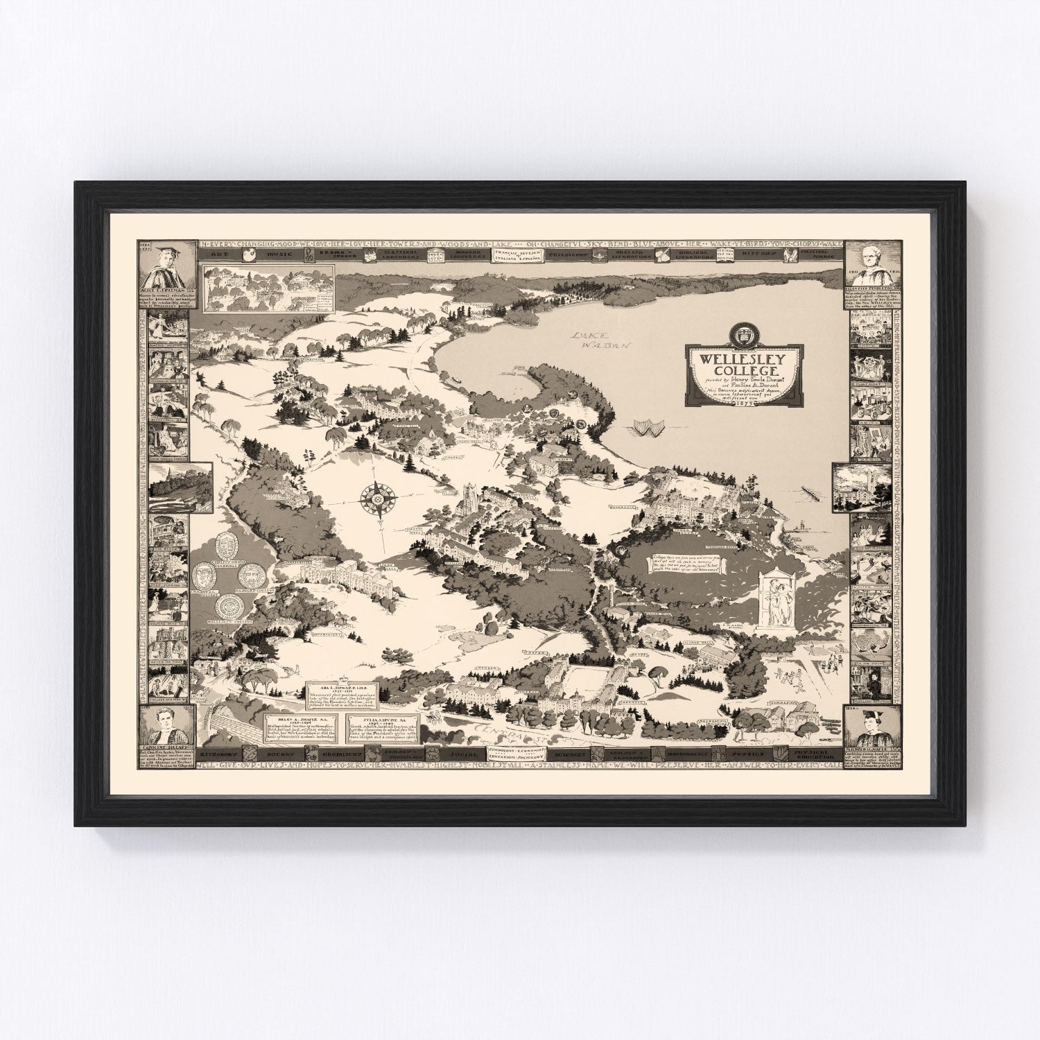 Vintage map of Wellesley College, Massachusetts, 1943, campus buildings and lake