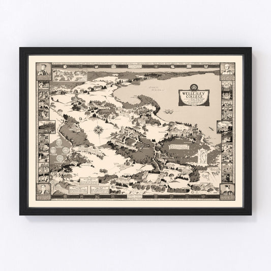 Vintage map of Wellesley College, Massachusetts, 1943, campus buildings and lake