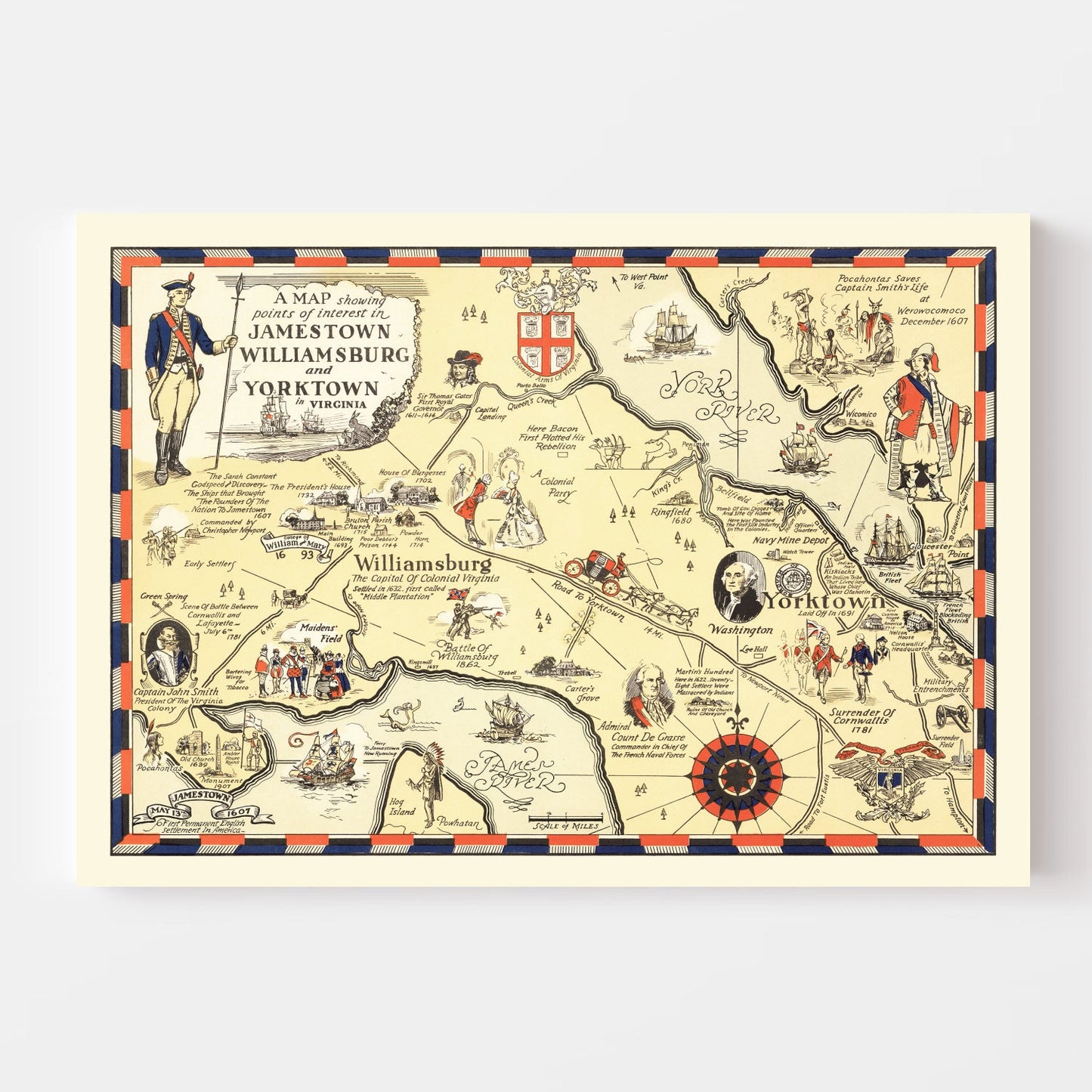 Vintage Map of Jamestown and Williamsburg, Virginia, 1930