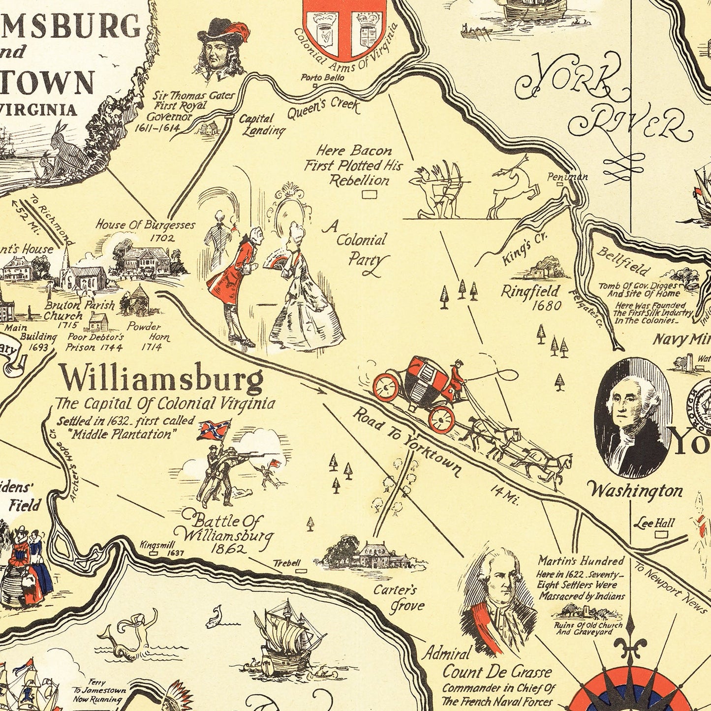 Vintage Map of Jamestown and Williamsburg, Virginia, 1930