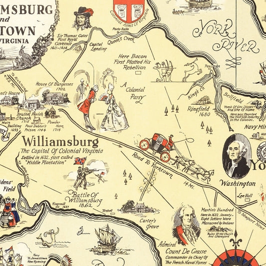 Vintage Map of Jamestown and Williamsburg, Virginia, 1930