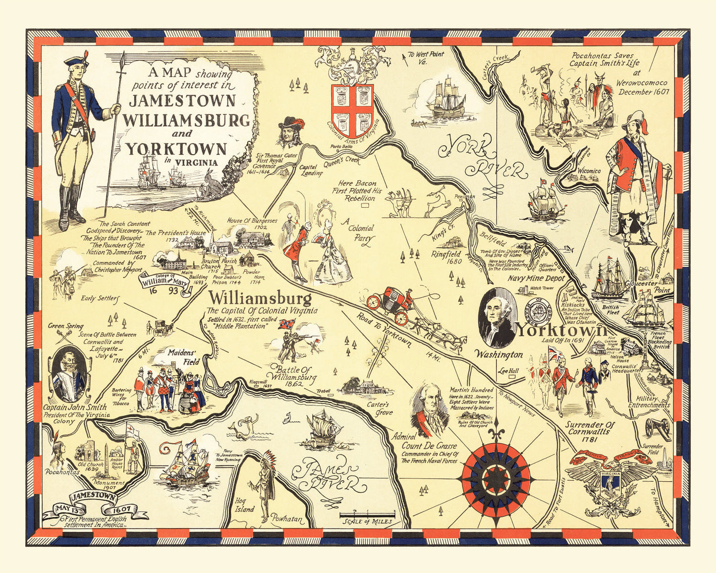 Vintage Map of Jamestown and Williamsburg, Virginia, 1930