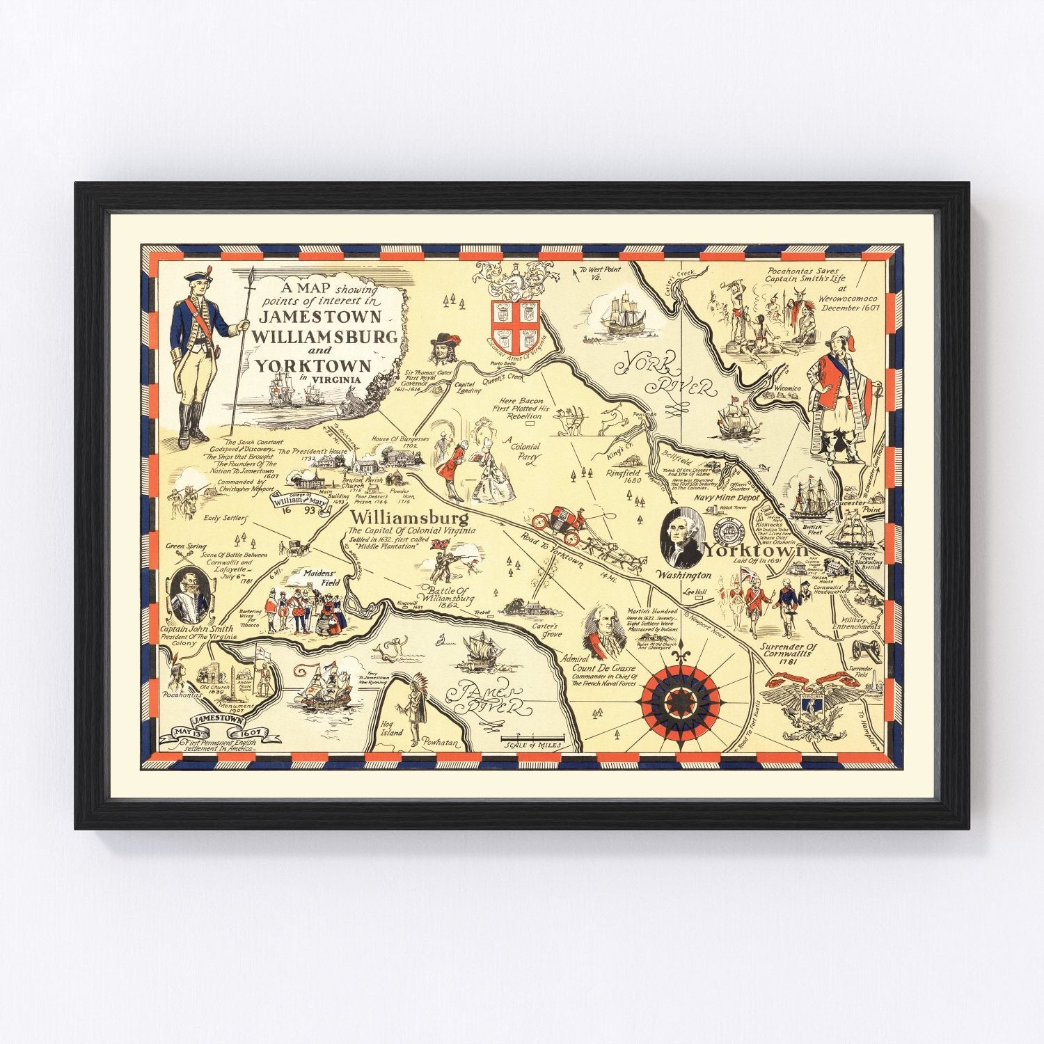 Vintage map of Jamestown and Williamsburg, Virginia, 1930