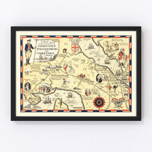 Vintage map of Jamestown and Williamsburg, Virginia, 1930
