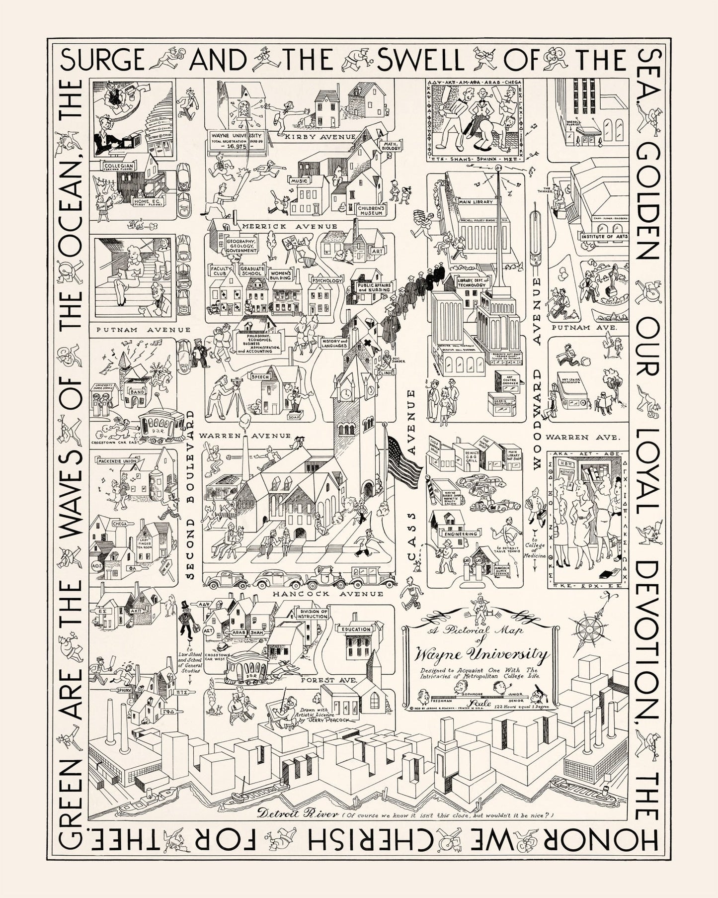 Vintage Map of Wayne University, Michigan 1939