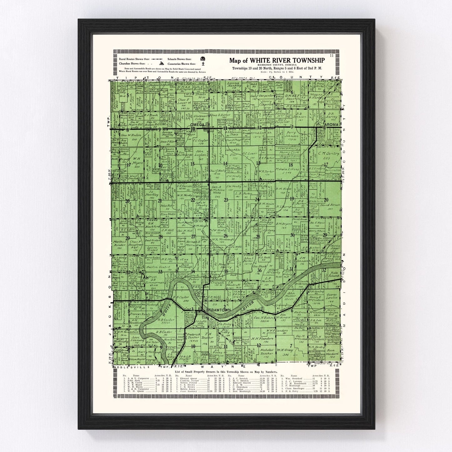Vintage map of White River Township, Johnson County Indiana, 1922 - restored print