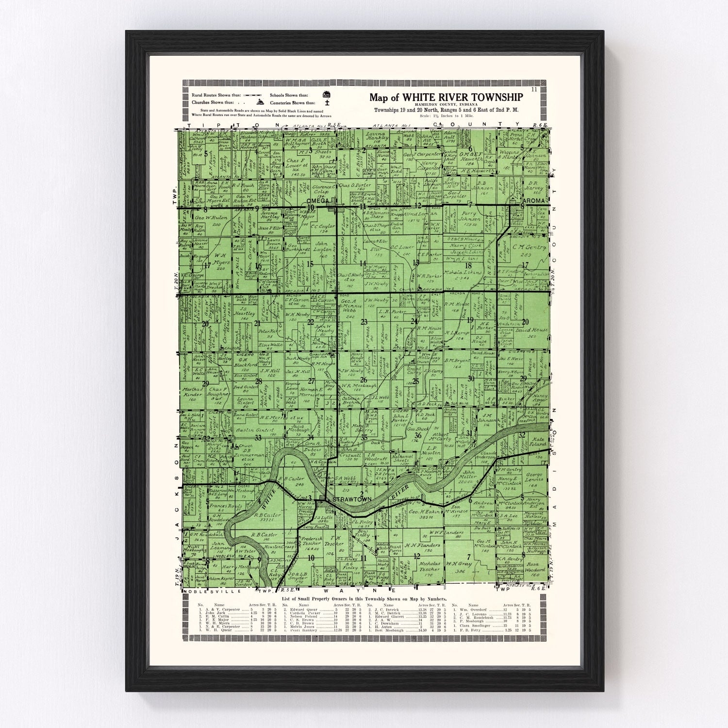 Vintage map of White River Township, Johnson County Indiana, 1922 - restored print