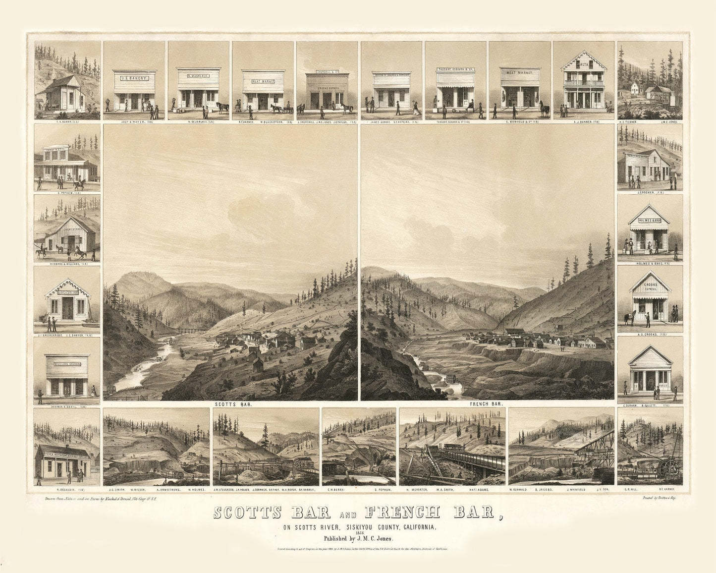 Vintage Map of Scotts Bar, California, 1856