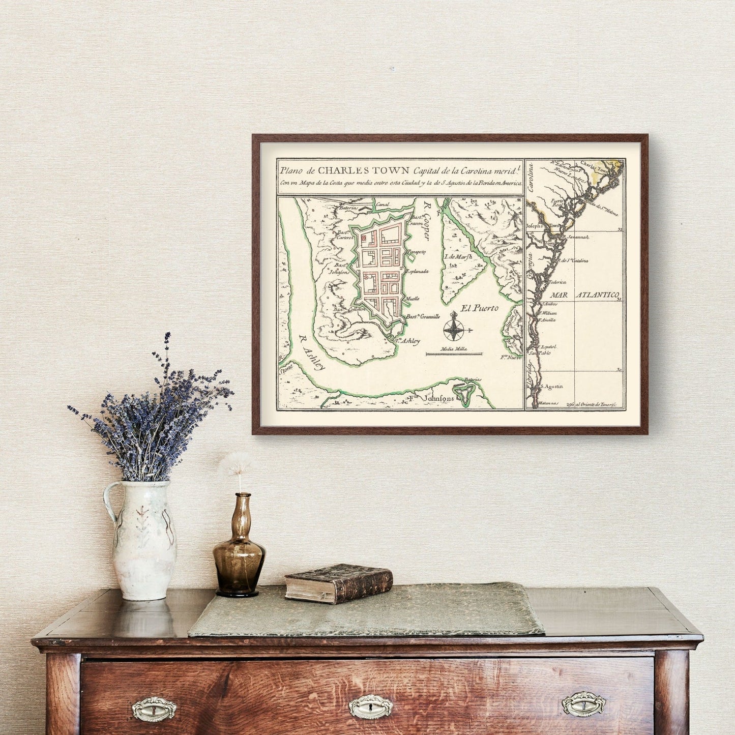 Vintage Map of Charleston, South Carolina, 1753 Wall Art