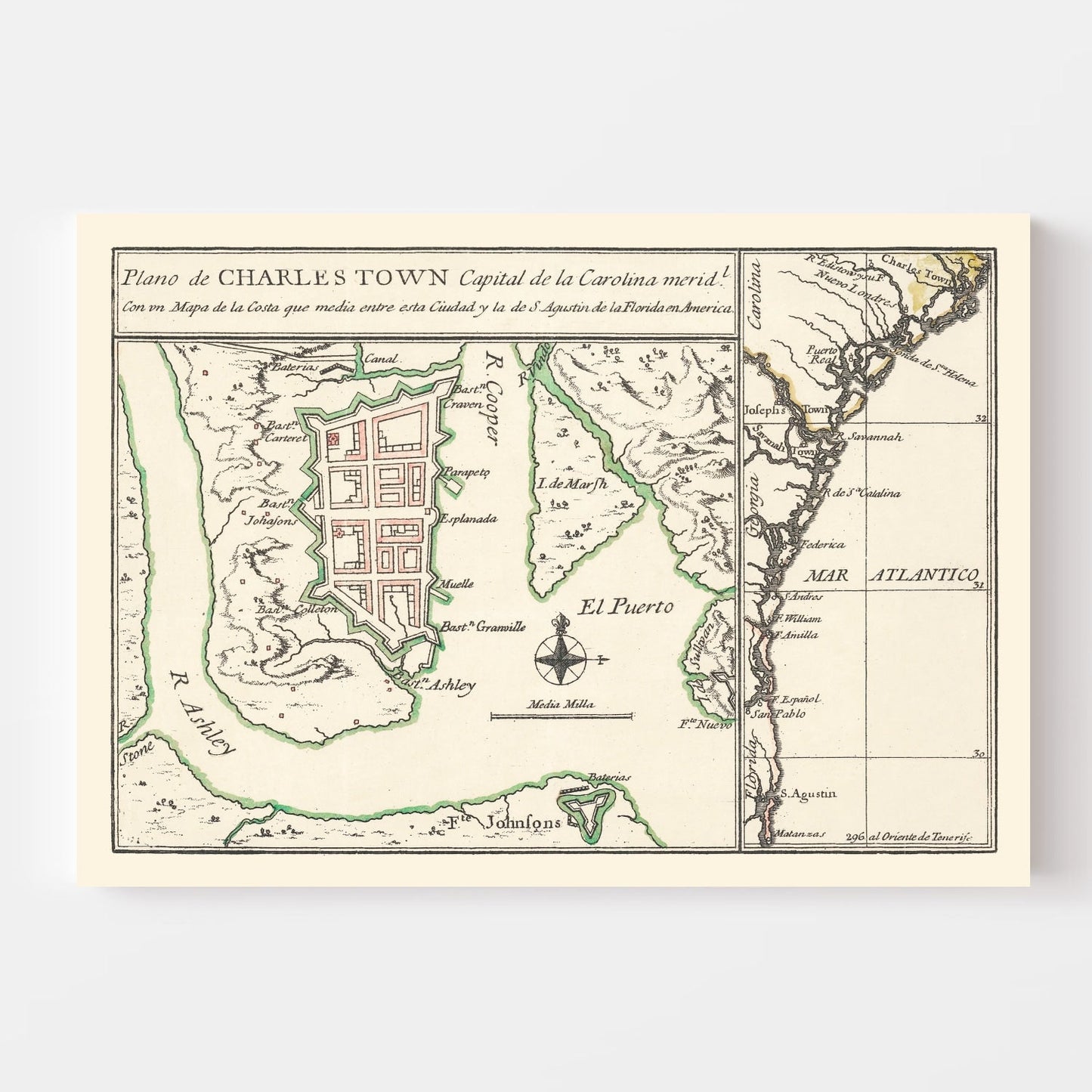 Vintage Map of Charleston, South Carolina, 1753 Wall Art