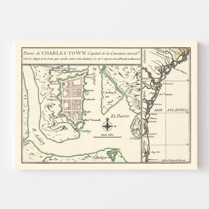 Vintage Map of Charleston, South Carolina, 1753 Wall Art