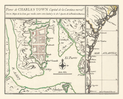 Vintage Map of Charleston, South Carolina, 1753 Wall Art