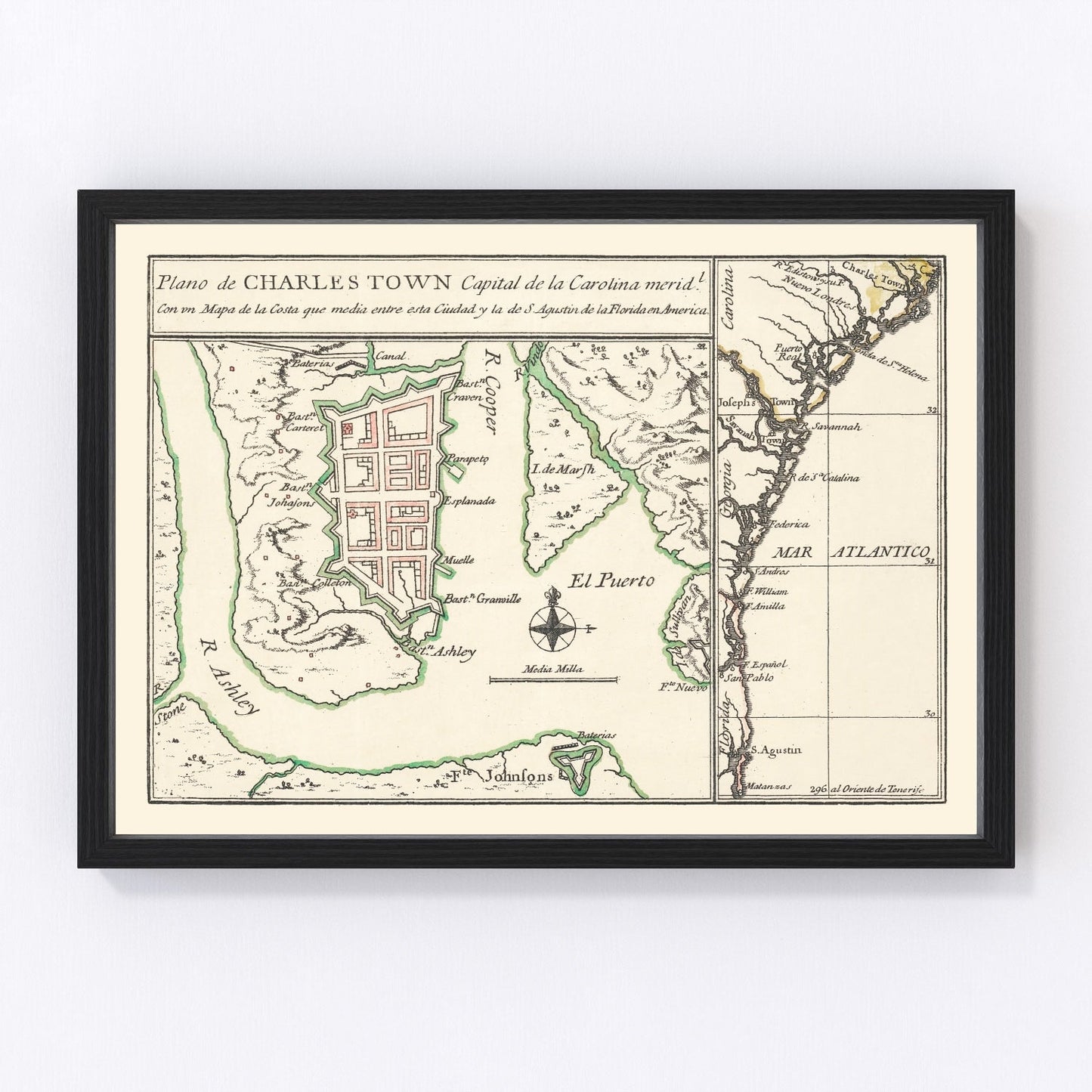 Vintage map of Charleston, South Carolina, 1753, digitally restored antique cartographic print