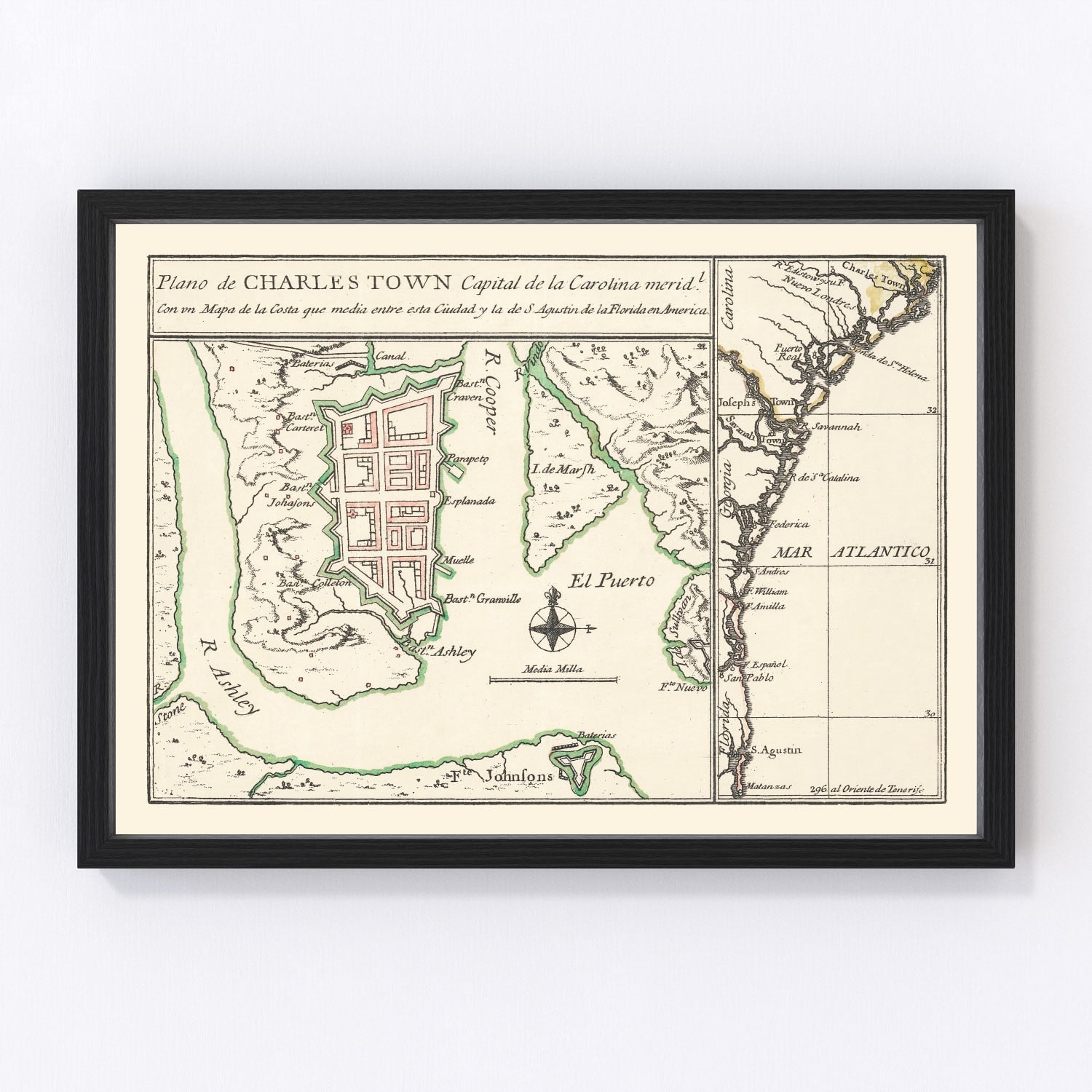 Vintage map of Charleston, South Carolina, 1753, digitally restored antique cartographic print