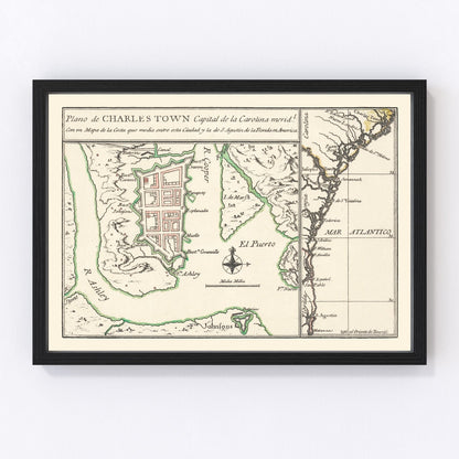 Vintage map of Charleston, South Carolina, 1753, digitally restored antique cartographic print