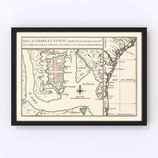 Vintage map of Charleston, South Carolina, 1753, digitally restored antique cartographic print
