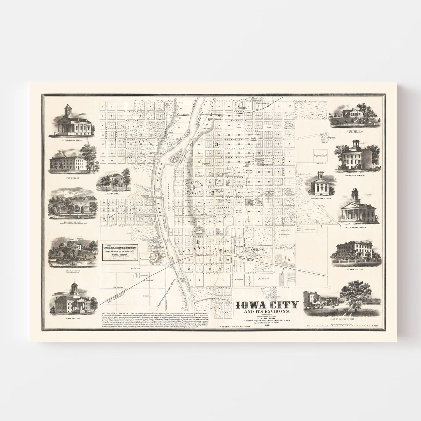 Vintage Map of Iowa City, Iowa, 1854