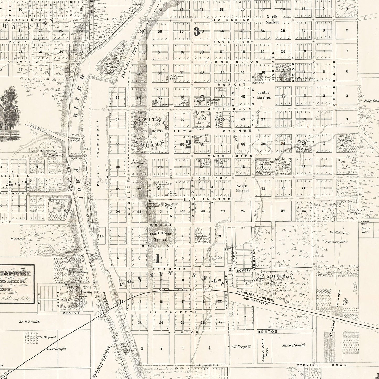 Vintage Map of Iowa City, Iowa, 1854