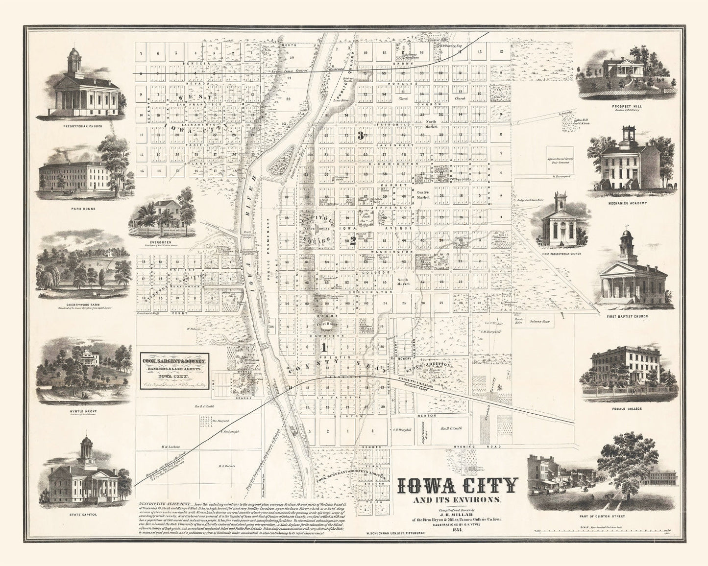 Vintage Map of Iowa City, Iowa, 1854