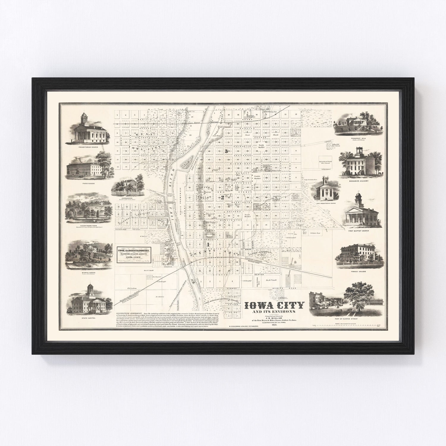 Vintage map of Iowa City, Iowa, 1854