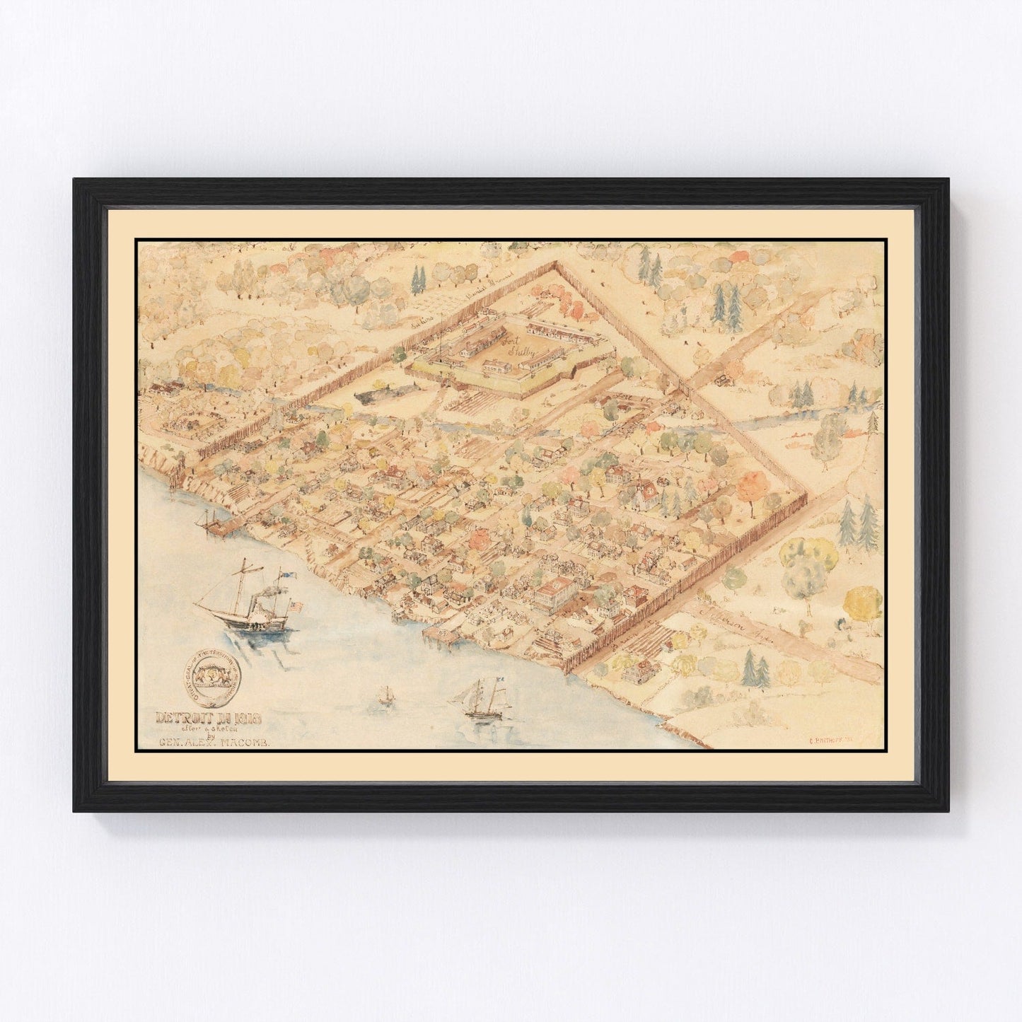 Vintage restored map of Detroit, Michigan, 1818, frontier-era post-War of 1812 cartography