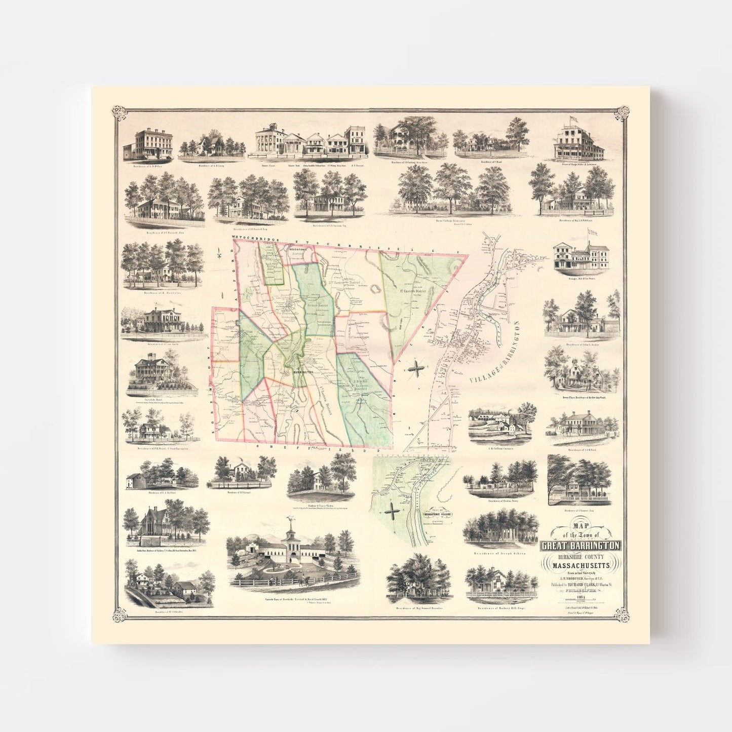 Vintage Map of Great Barrington, Massachusetts, 1854