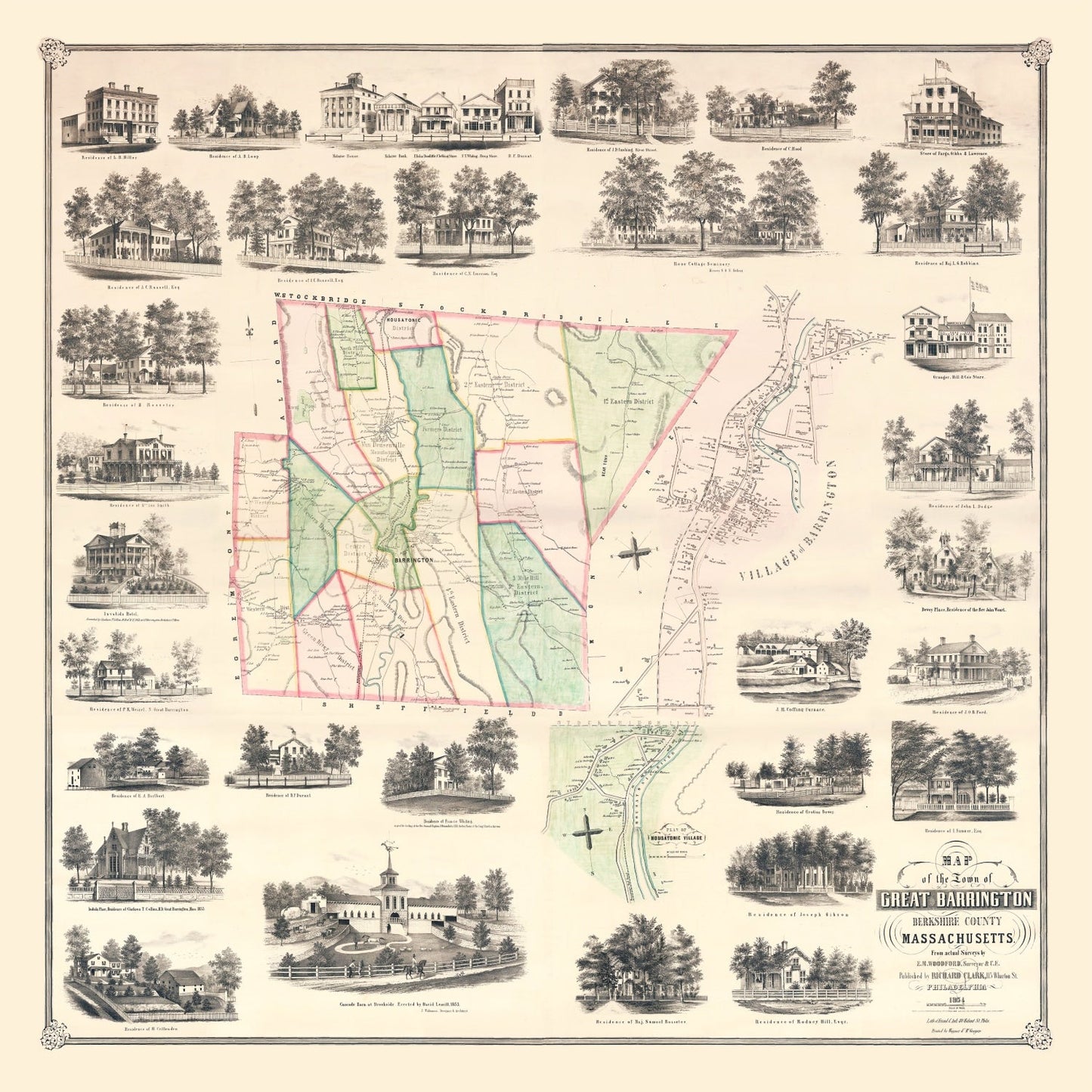 Vintage Map of Great Barrington, Massachusetts, 1854