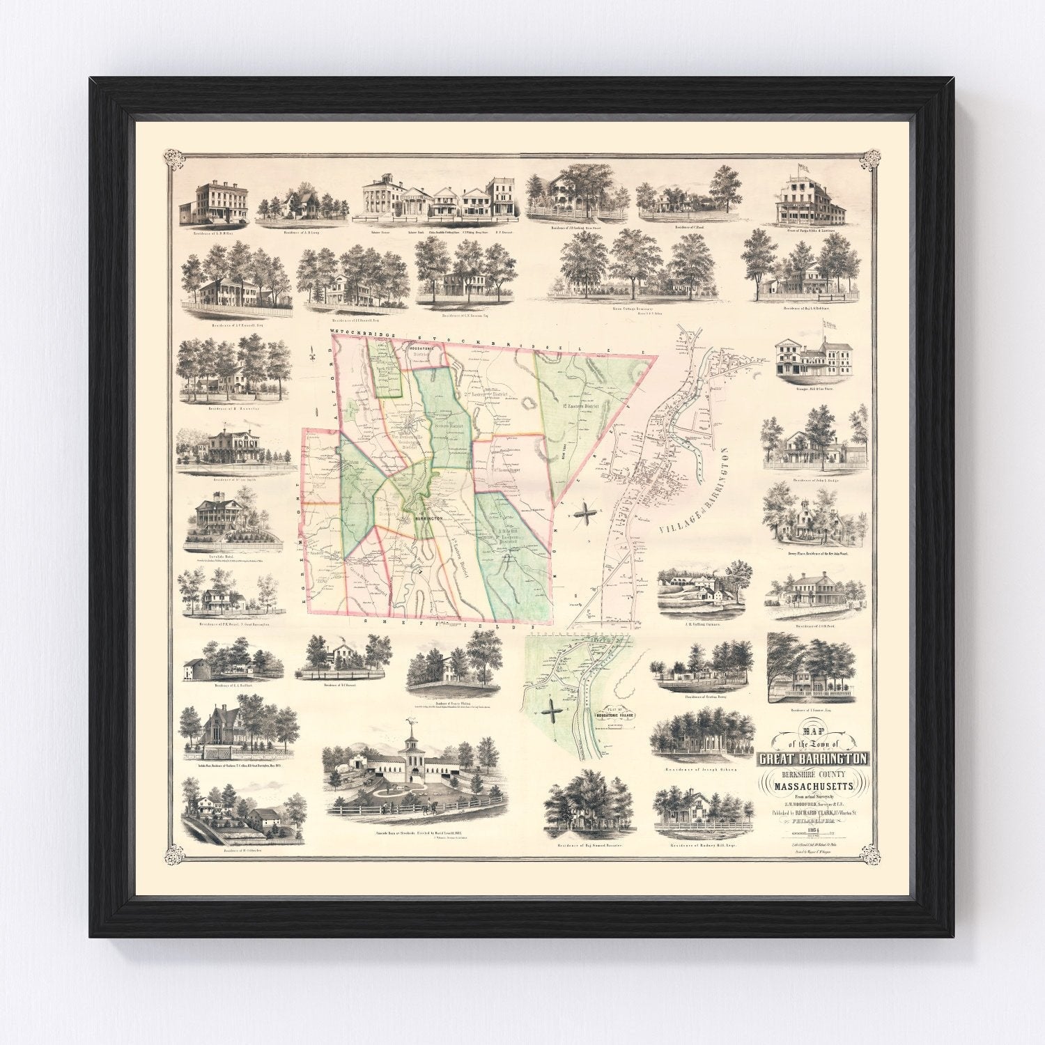 Vintage map of Great Barrington, Massachusetts, 1854