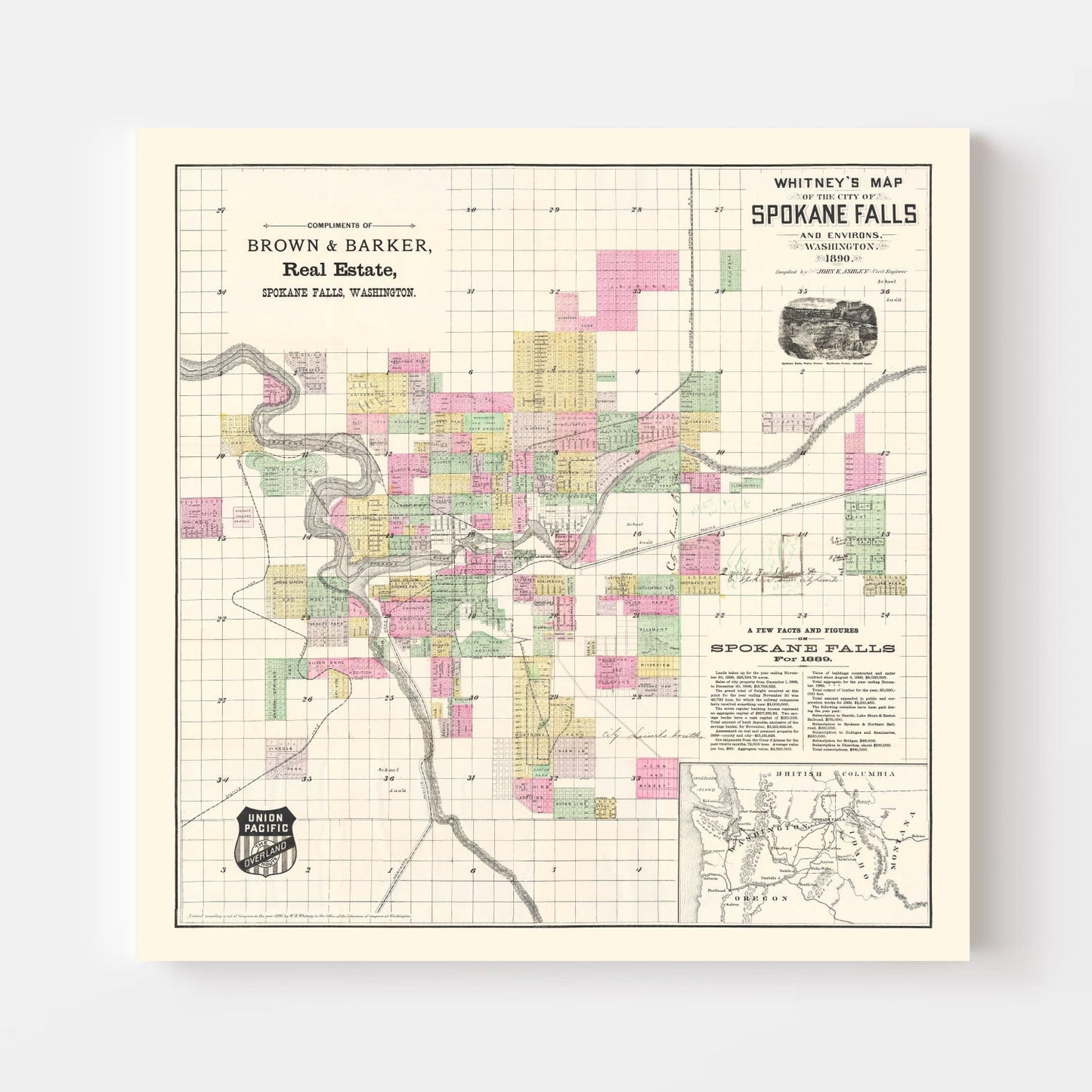 Vintage Map of Spokane Falls, Washington, 1890 II
