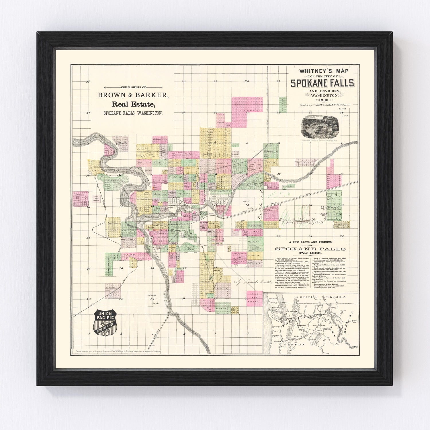 vintage map of Spokane Falls, Washington, 1890
