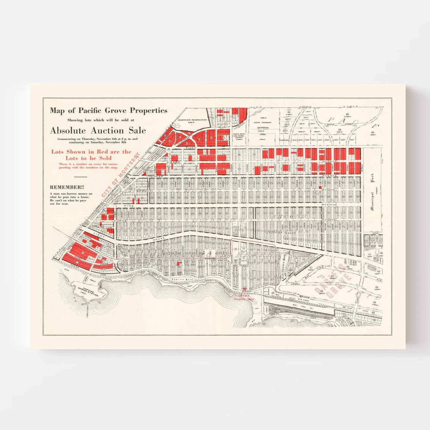 Vintage Map of Pacific Grove, California, 1919