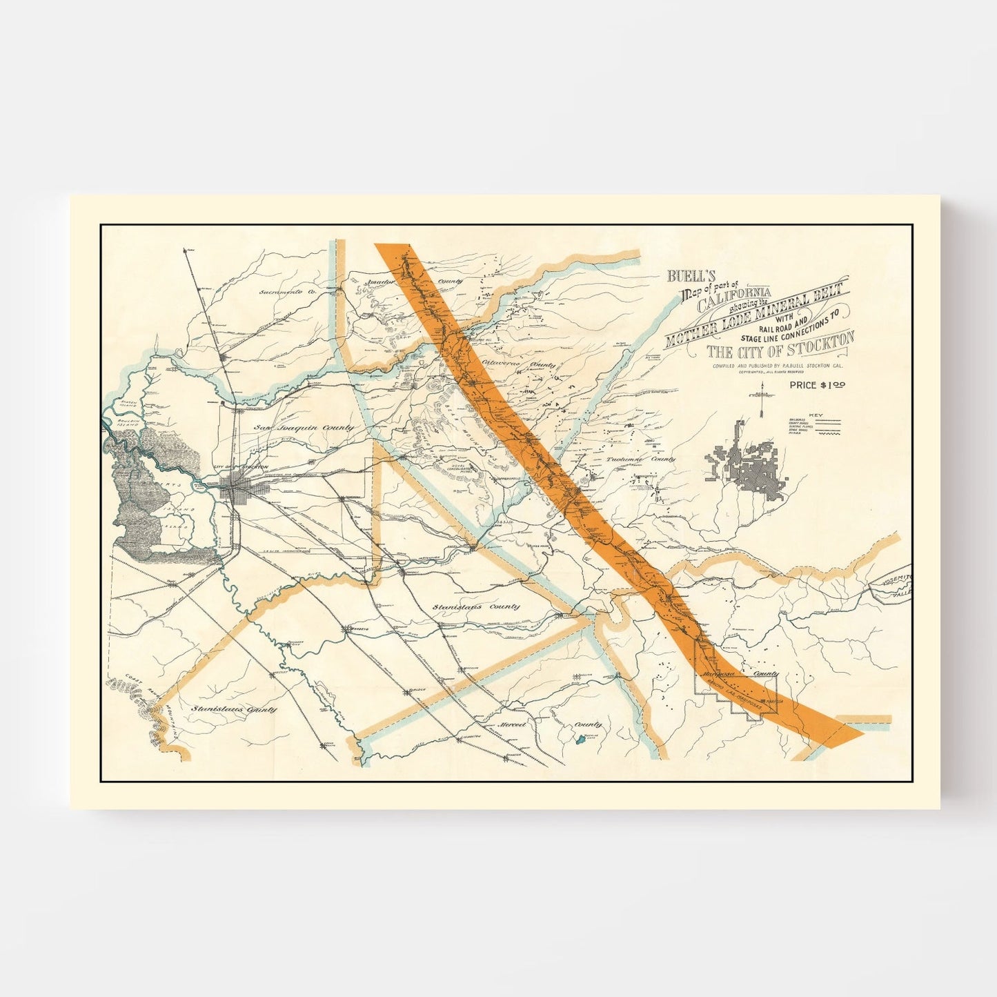 Vintage Map of Mother Lode Mineral Belt, California, 1898