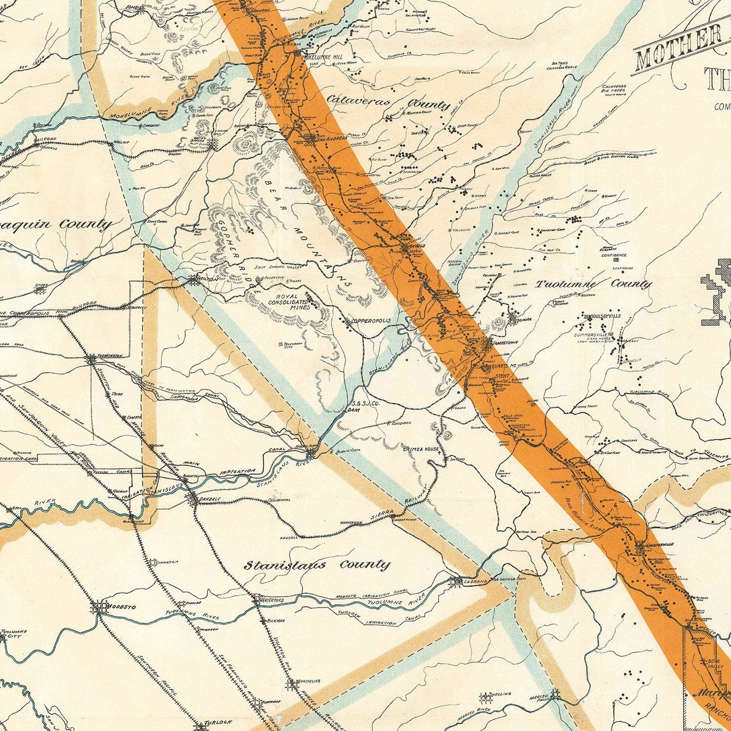 Vintage Map of Mother Lode Mineral Belt, California, 1898