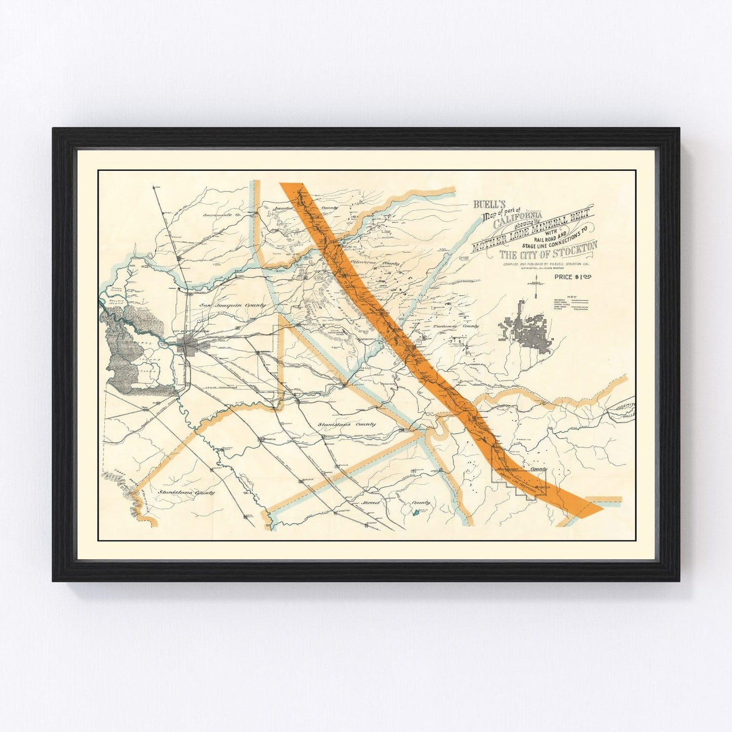 vintage map of the Mother Lode mineral belt, California, 1898